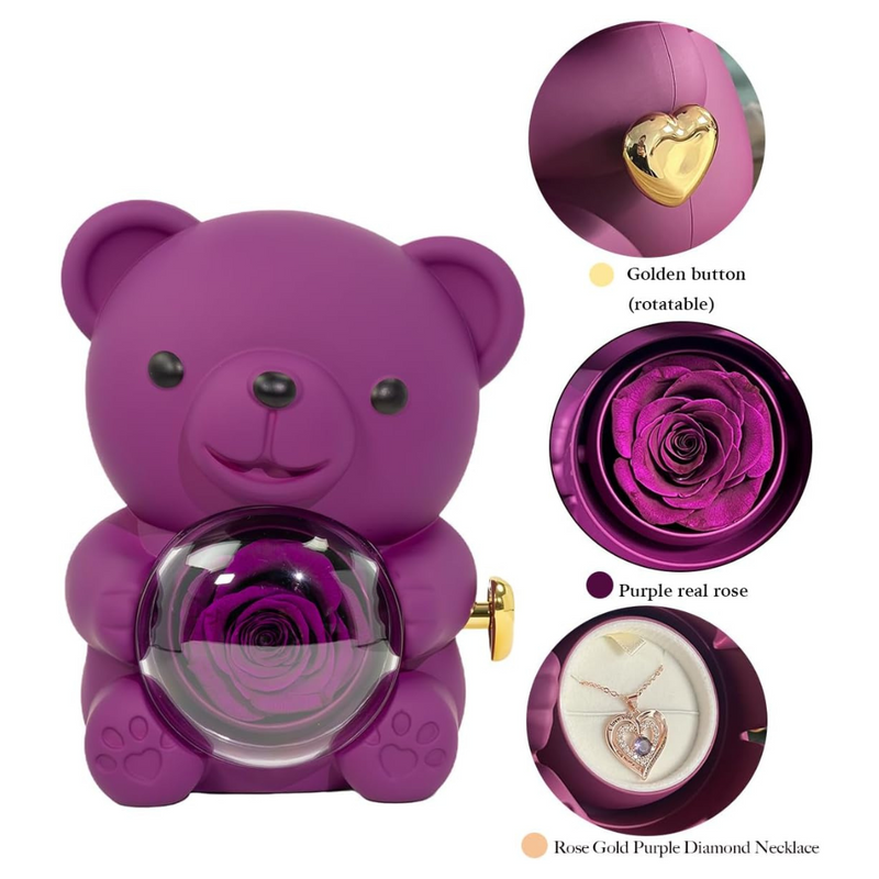 Rotating Bear With Real Rose & Necklace