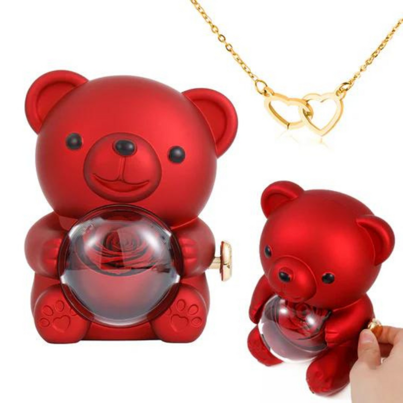 Rotating Bear With Real Rose & Necklace