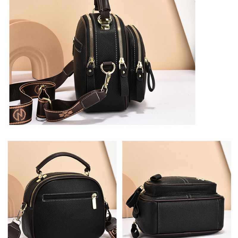 Multi-Compartment Adjustable Wide Shoulder Strap Leather Bag