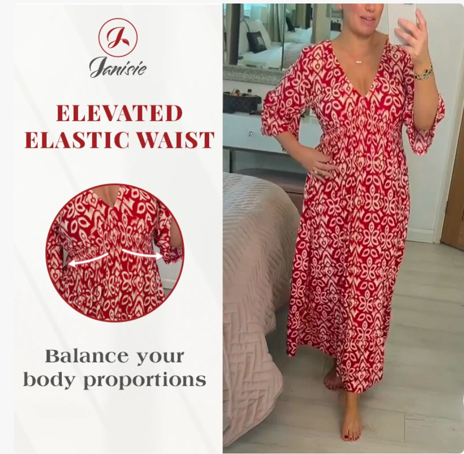 Janisie - LAST DAY SALE 80% OFF - Bohemian casual print V-neck shirred waist long dress