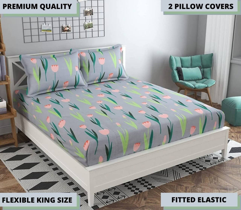 Cotton Elastic Fitted Double Bedsheet King Size with 2 Pillow Covers - (fits any beds & mattresses) - Shop Home Essentials