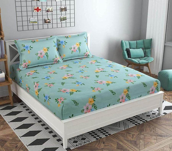 Floral Green - Cotton Elastic Fitted Double Bedsheet King Size with 2 Pillow Covers - Shop Home Essentials